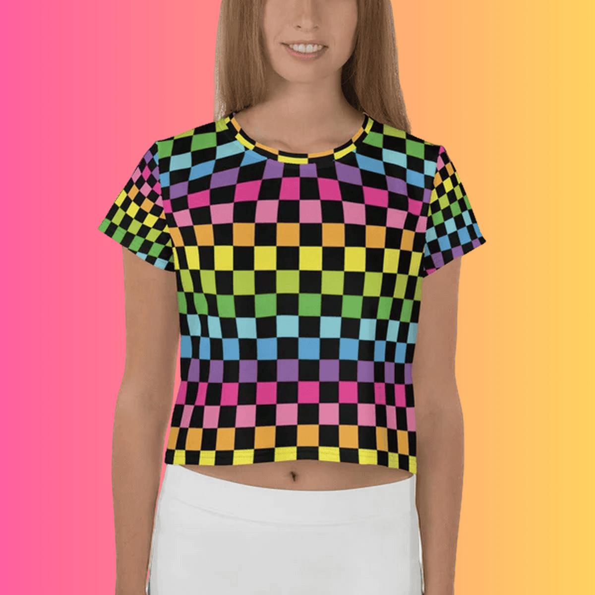 Vibrant Neon Checkered Crop Tee - Must-Have for Festival Vibes