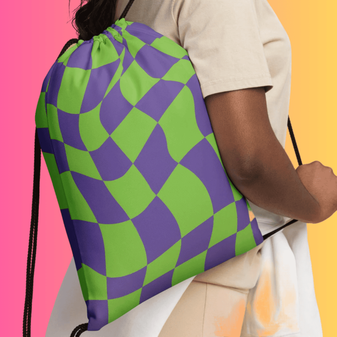 Vibrant Trippy Checkered Rave Drawstring Bag for EDM Lovers