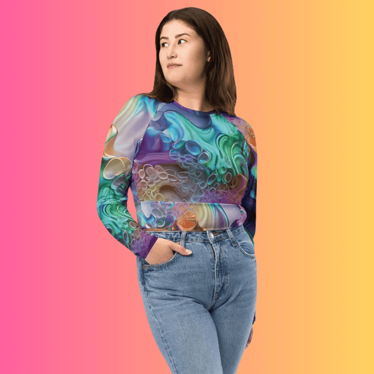 Vibrant Abstract Long-Sleeve Crop Top for Festivals