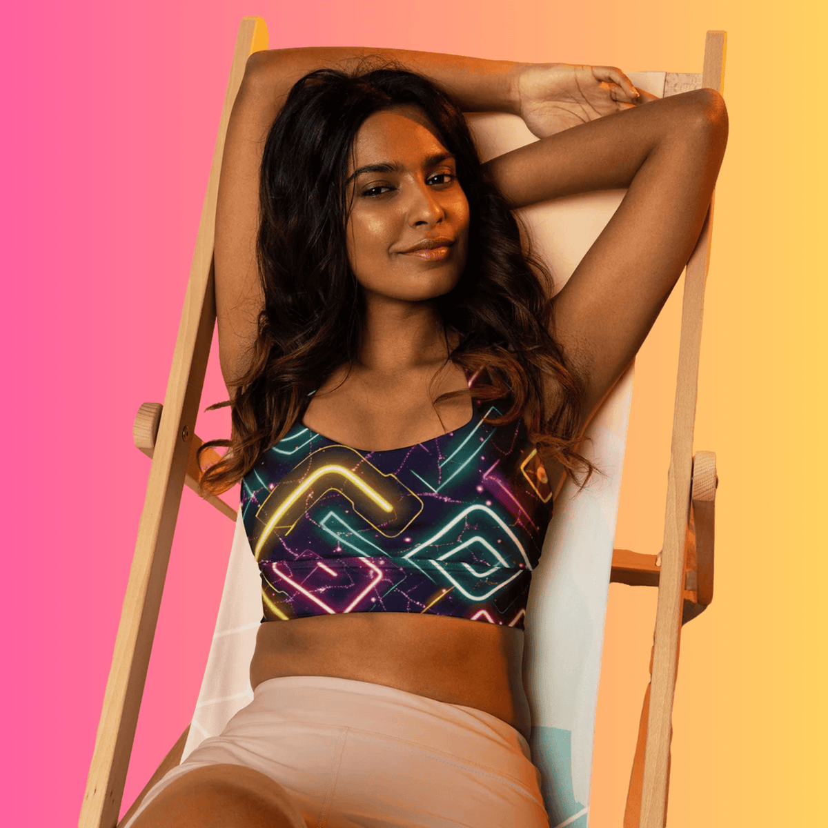 Neon Abstract Longline Sports Bra - Essential for Vibrant Festival Vibes