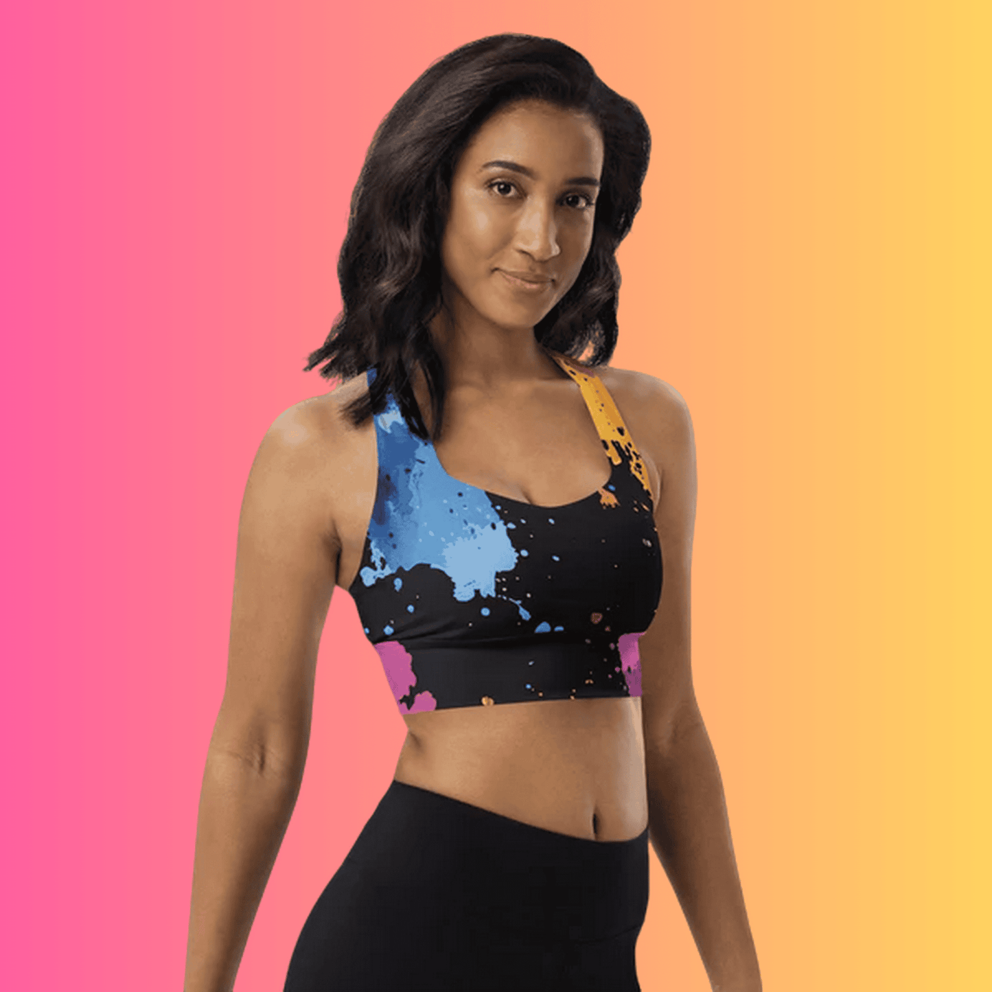 Vibrant Paint Splatter Longline Sports Bra for Rave Enthusiasts