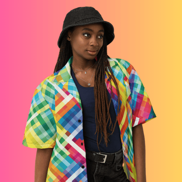 Vibrant Neon Plaid Button-Up Shirt for Raves and Music Festivals