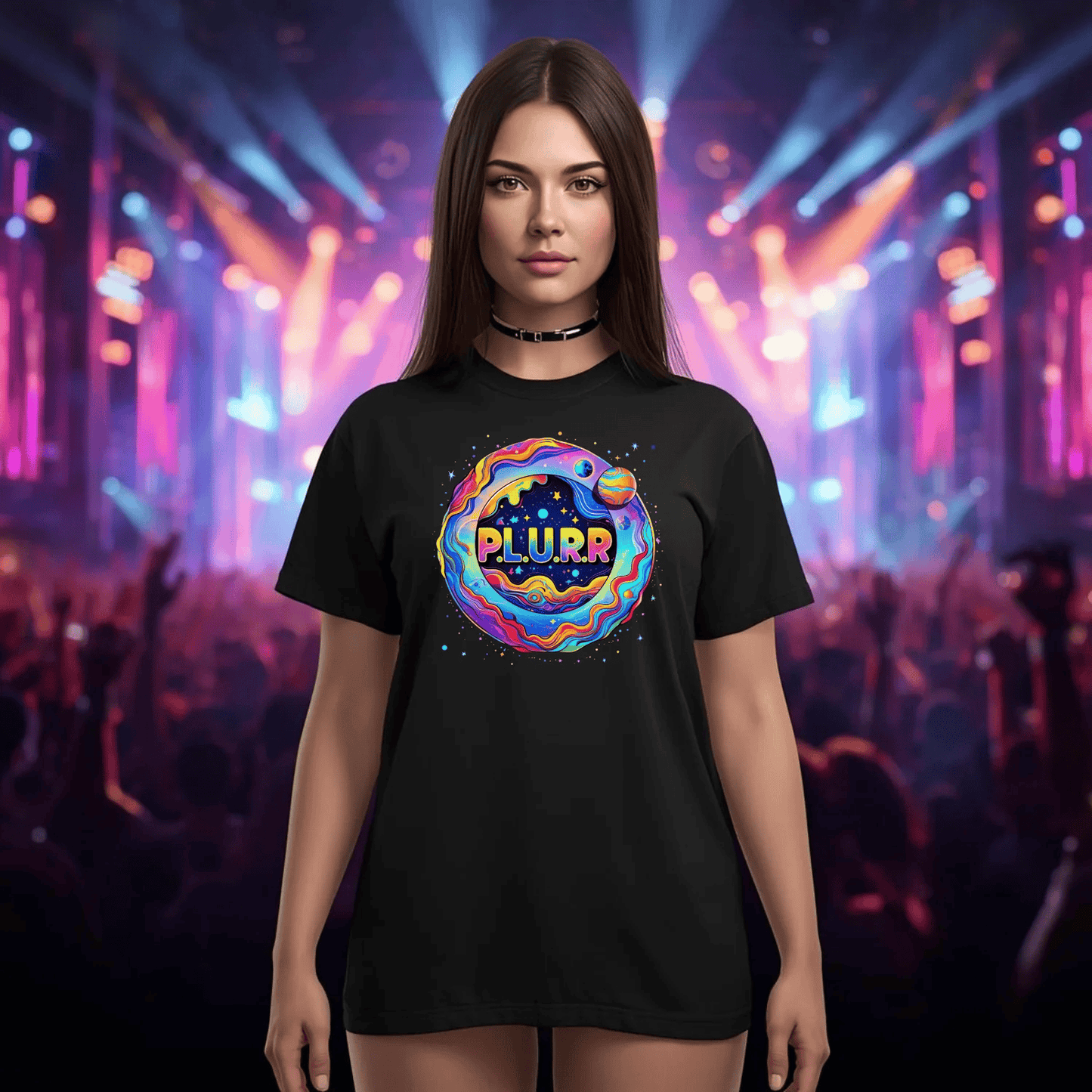 P.L.U.R.R Space Festival T-Shirt – Vibrant and Energetic Rave Apparel