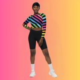 Neon Rainbow Stripe Long-Sleeve Crop Top for Festival Vibes