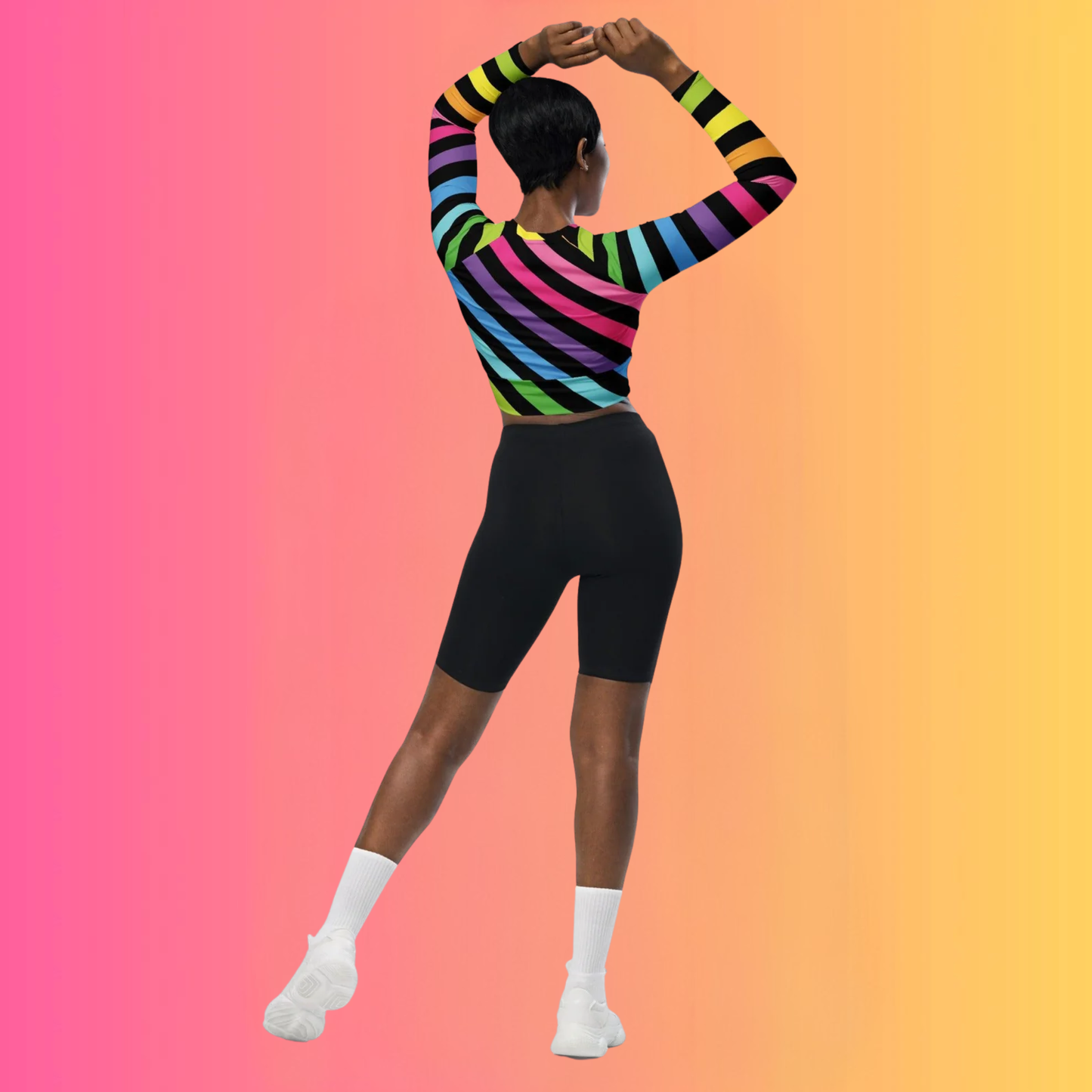 Neon Rainbow Stripe Long-Sleeve Crop Top for Festival Vibes