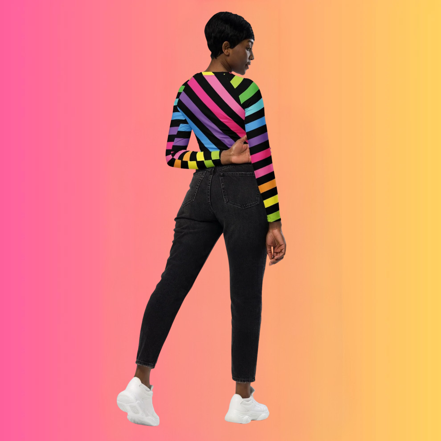 Neon Rainbow Stripe Long-Sleeve Crop Top for Festival Vibes