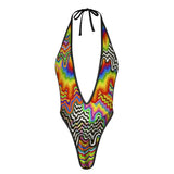Sexy Swimsuit Women's Extreme One-Piece Mesh Revealing Swimwear Deep V Cleavage Thong Bottom Booty Quick Dry Tie-On Bathing Suit