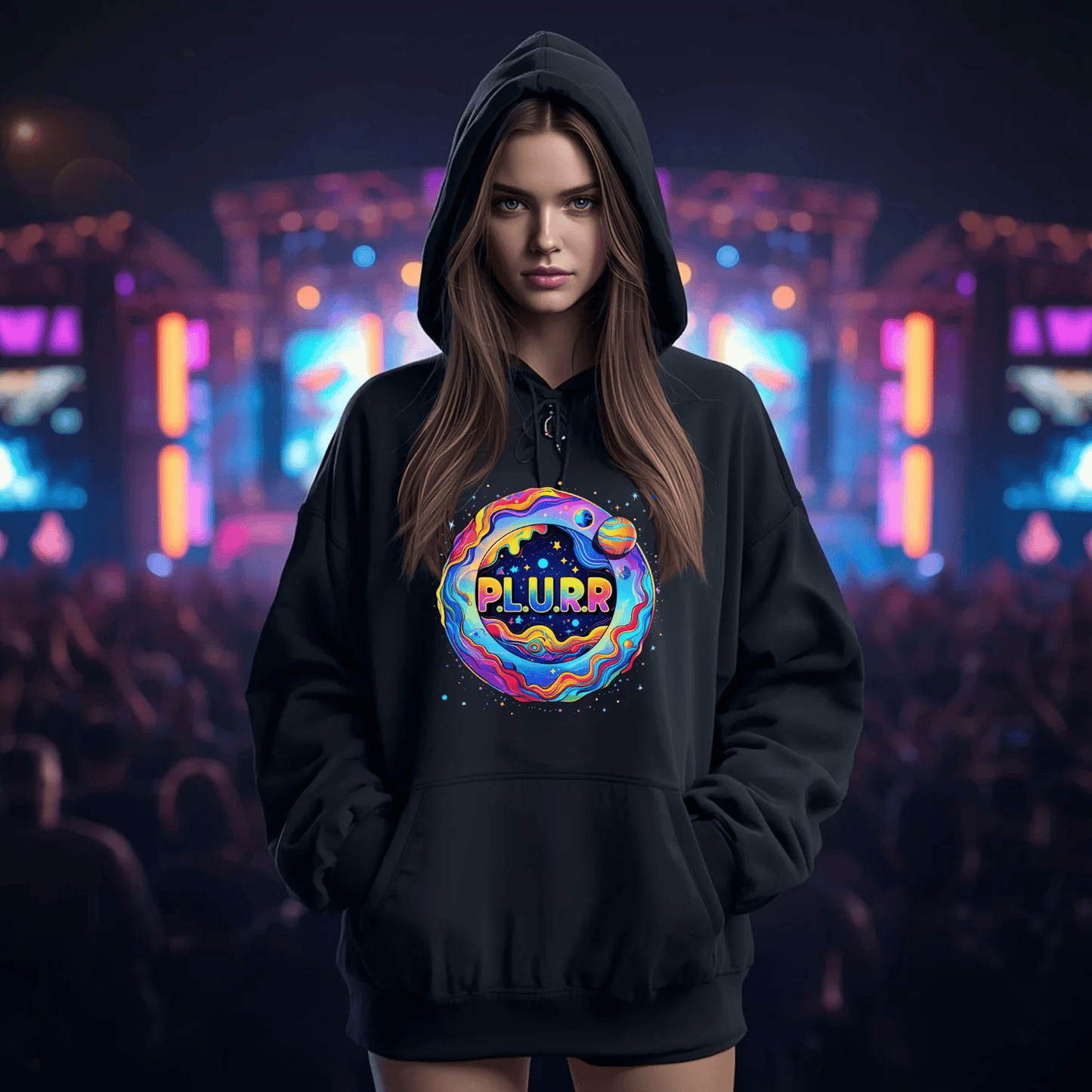P.L.U.R.R Space Festival T-Shirt – Vibrant and Energetic Rave Apparel
