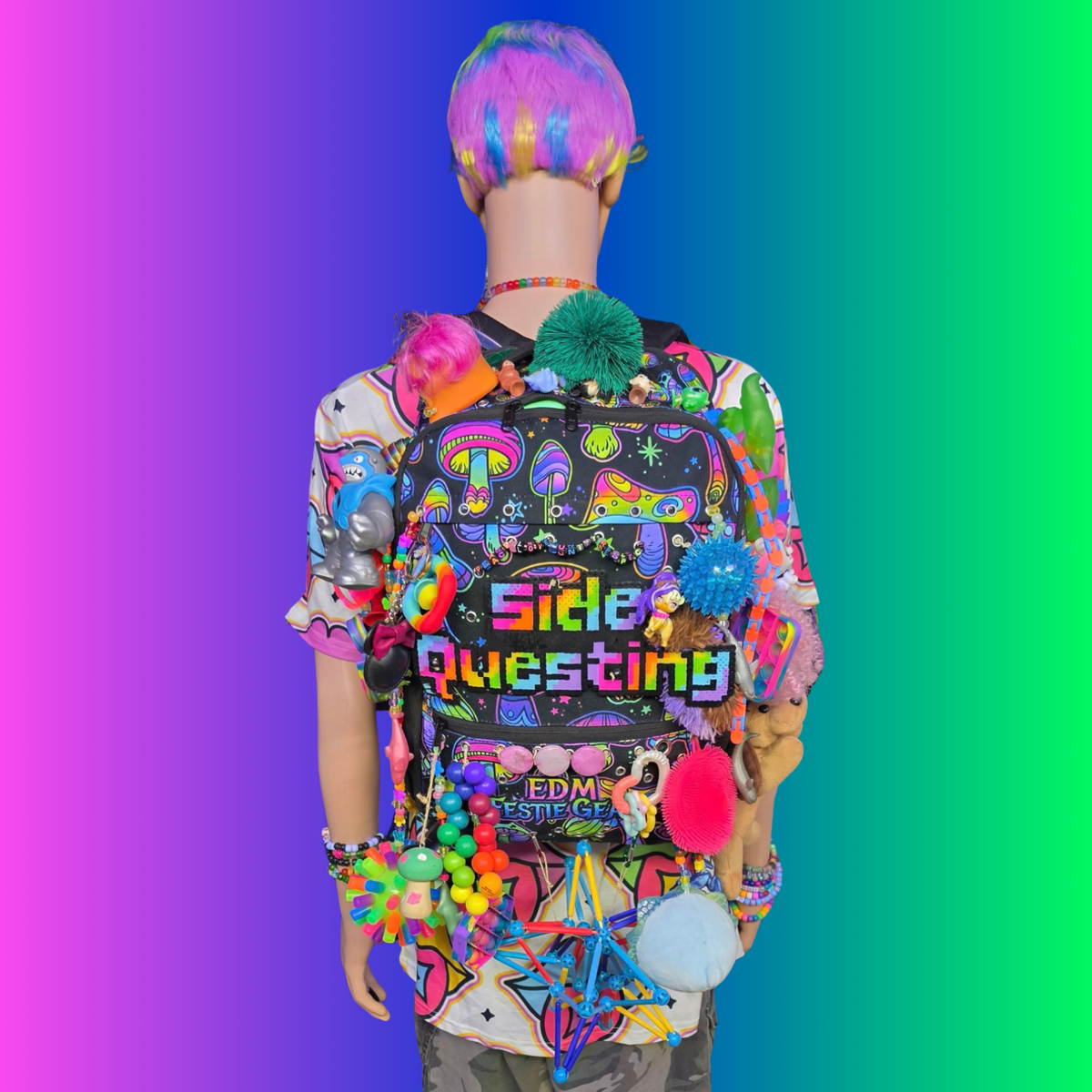 Side Questin’ Shroom Goblin Utility Backpack | One-of-a-Kind Sensory Rave Hydration Backpack | Custom EDM Festival Gear
