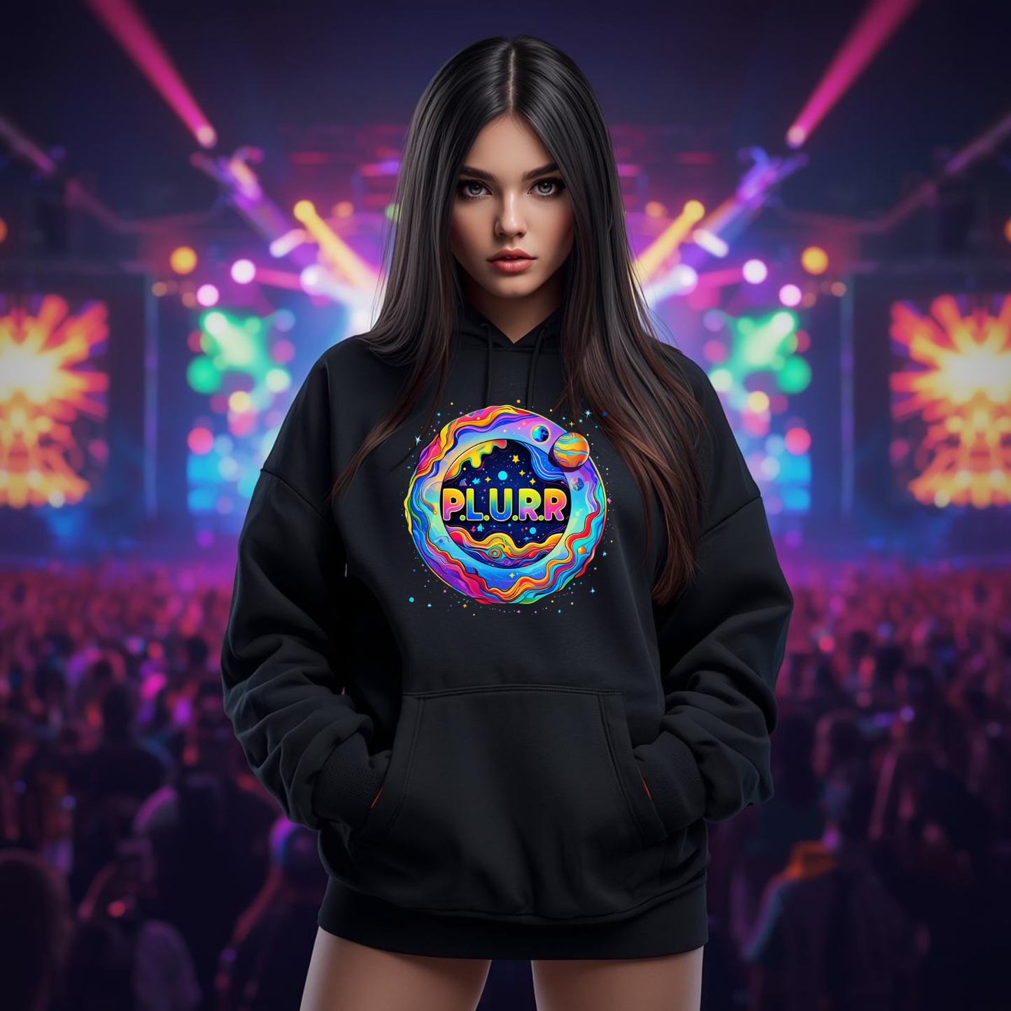P.L.U.R.R Space Festival T-Shirt – Vibrant and Energetic Rave Apparel