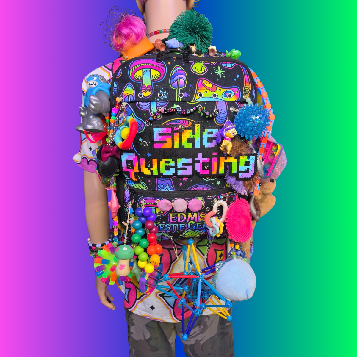 Side Questin’ Shroom Goblin Utility Backpack | One-of-a-Kind Sensory Rave Hydration Backpack | Custom EDM Festival Gear