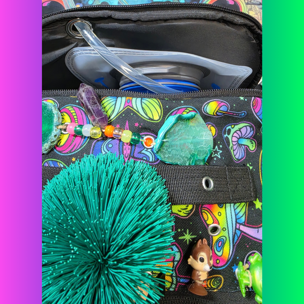 Side Questin’ Shroom Goblin Utility Backpack | One-of-a-Kind Sensory Rave Hydration Backpack | Custom EDM Festival Gear