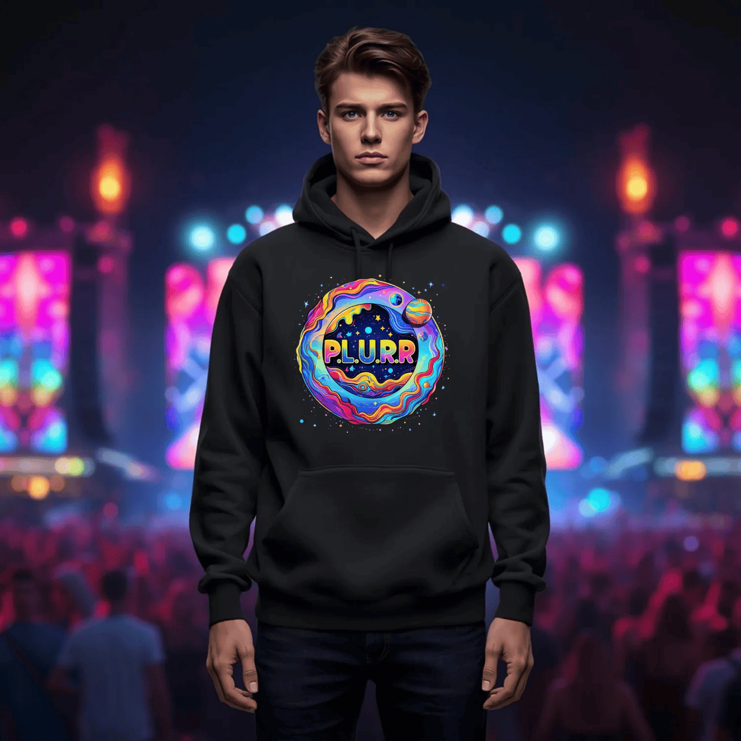 P.L.U.R.R Space Festival T-Shirt – Vibrant and Energetic Rave Apparel