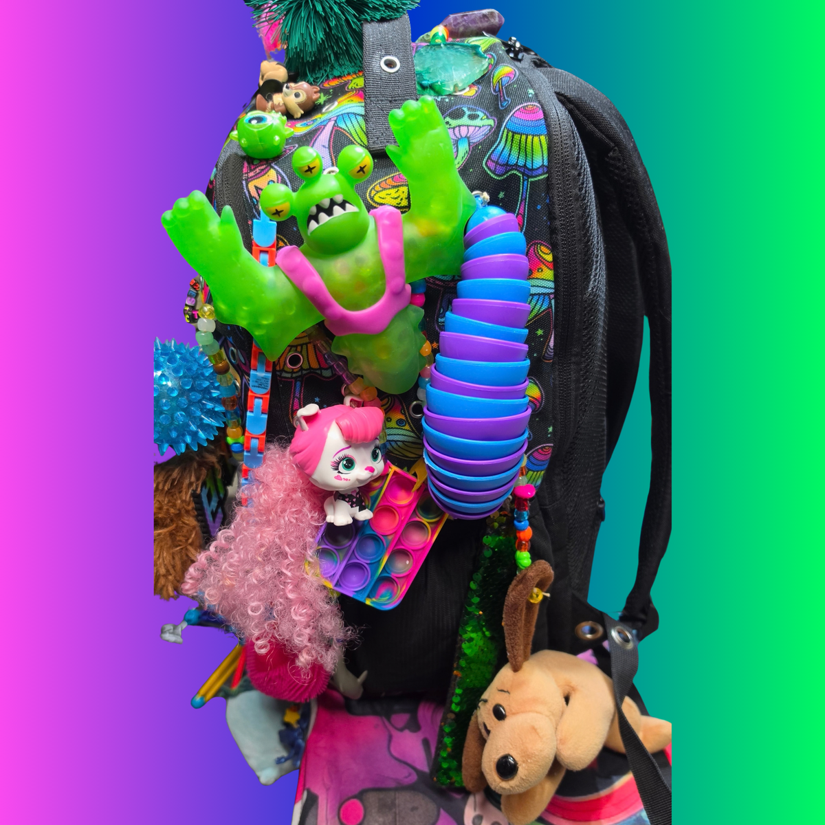 Side Questin’ Shroom Goblin Utility Backpack | One-of-a-Kind Sensory Rave Hydration Backpack | Custom EDM Festival Gear