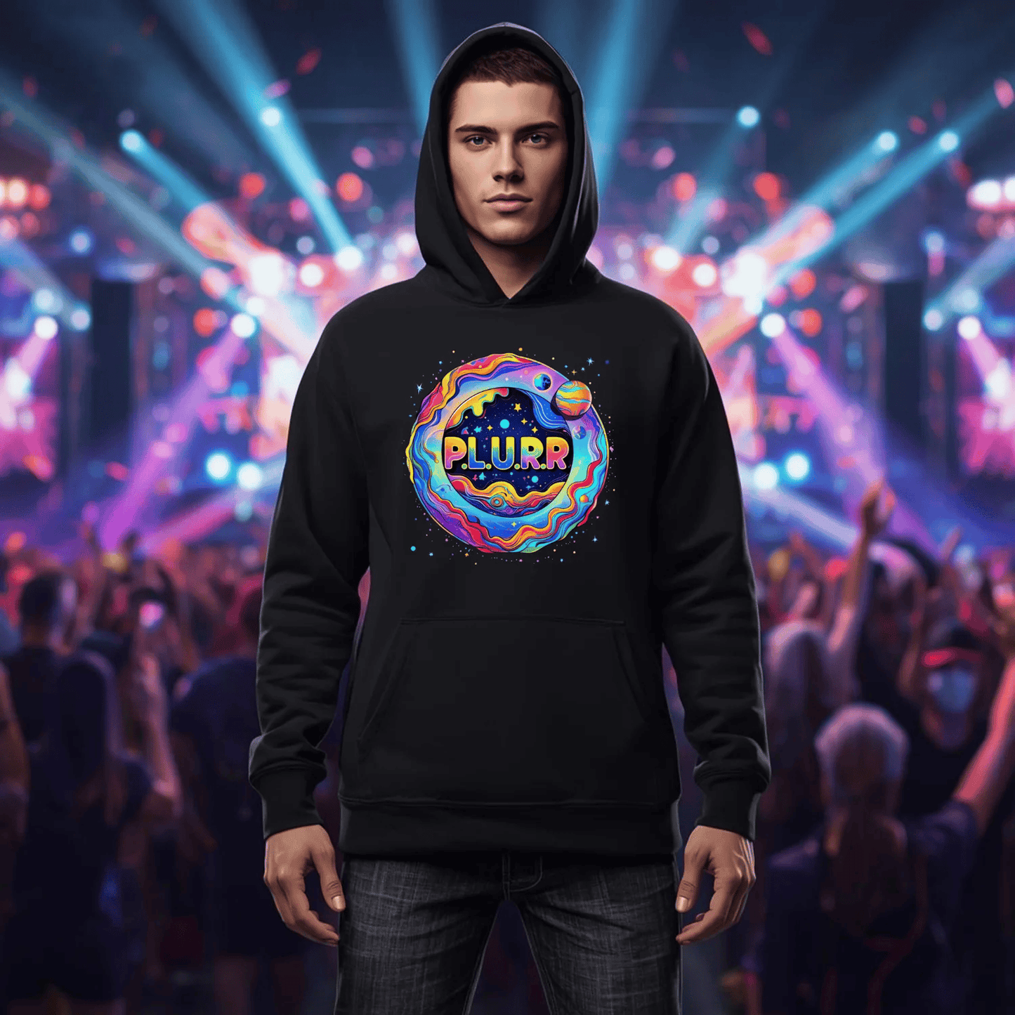 P.L.U.R.R Space Festival T-Shirt – Vibrant and Energetic Rave Apparel