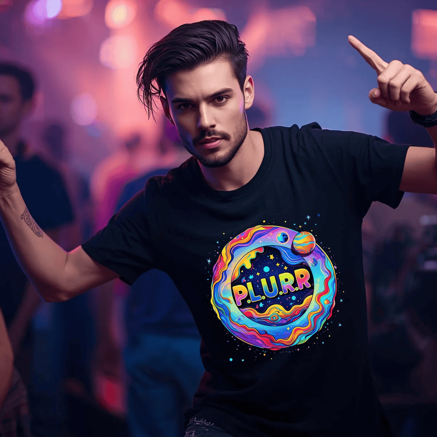 P.L.U.R.R Space Festival T-Shirt – Vibrant and Energetic Rave Apparel