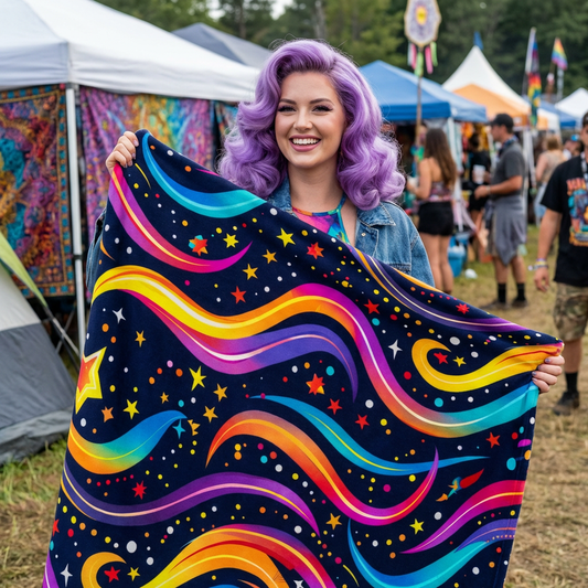 Colorful Shooting Stars Rainbow Wave outdoor rug for EDM rave festivals