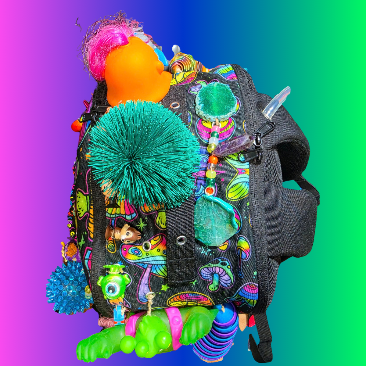 Side Questin’ Shroom Goblin Utility Backpack | One-of-a-Kind Sensory Rave Hydration Backpack | Custom EDM Festival Gear