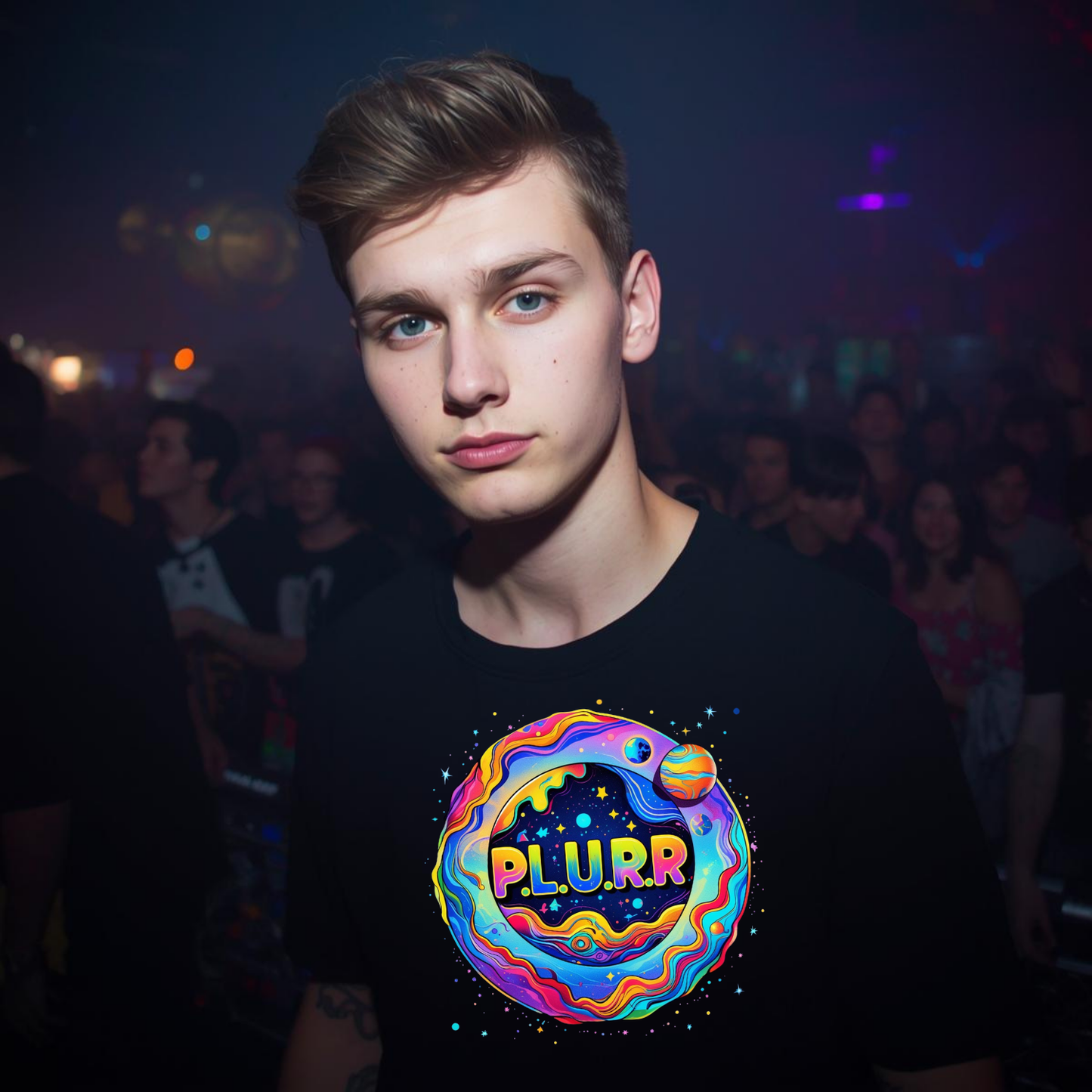 P.L.U.R.R Space Festival T-Shirt – Vibrant and Energetic Rave Apparel