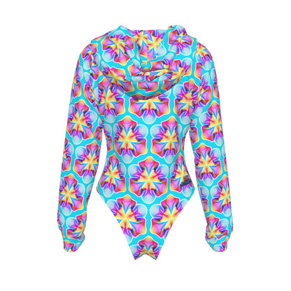 Petal Melt Frequency Hooded Bodysuit | Neon Tropical Flower Rave Jumpsuit | EDM Festival Wear