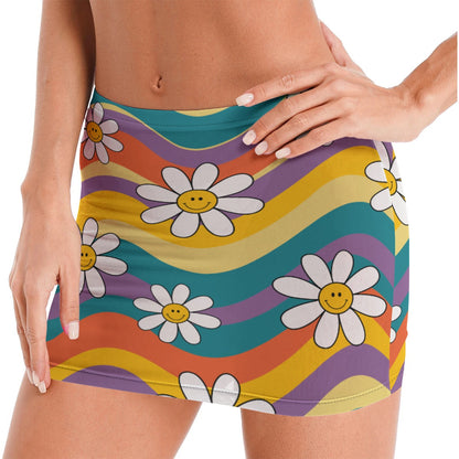 Daisy Trippin’ Sheer Mesh Bodycon Skirt | Smiley Flower Retro Wave Rave Skirt | EDM Festival Wear