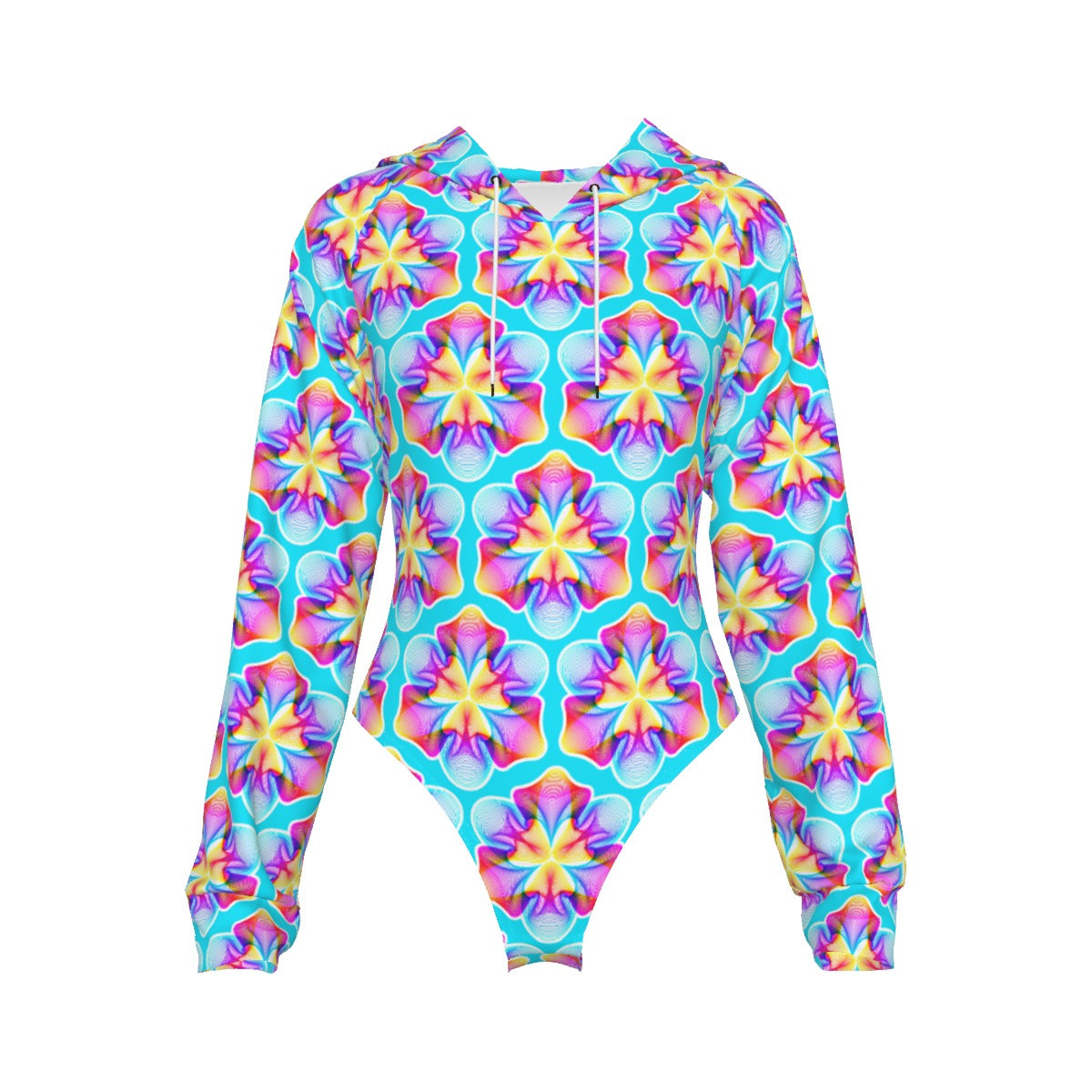 Petal Melt Frequency Hooded Bodysuit | Neon Tropical Flower Rave Jumpsuit | EDM Festival Wear
