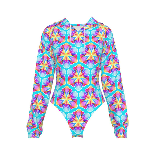 Petal Melt Frequency Hooded Bodysuit | Neon Tropical Flower Rave Jumpsuit | EDM Festival Wear