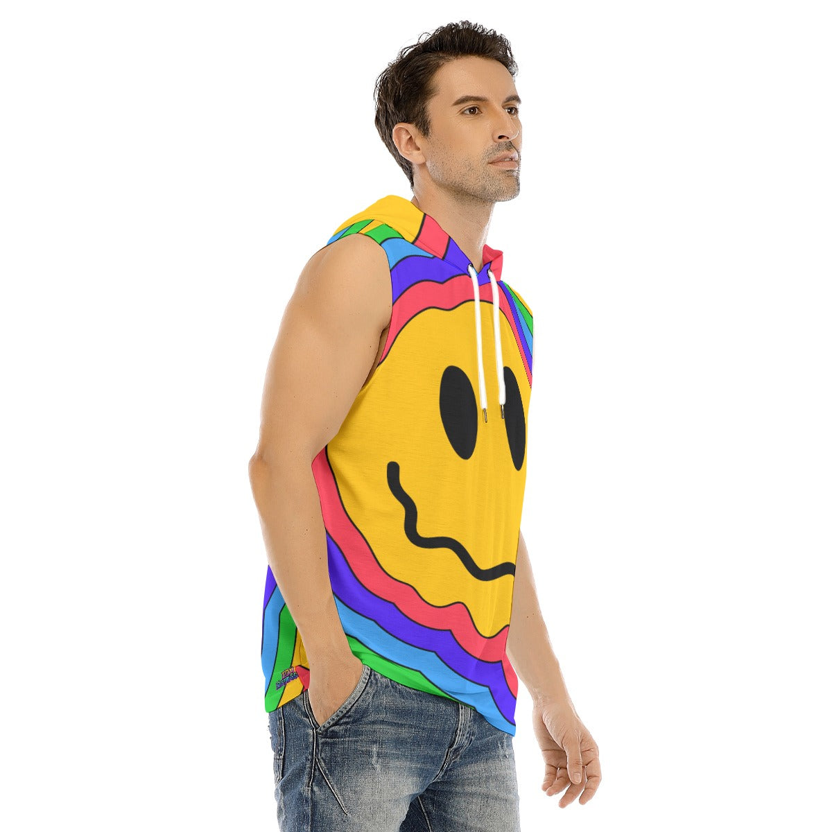Melt With the Beat Men’s Tank Hooded Vest | Rainbow Smiley Rave Tank | EDM Festival Wear