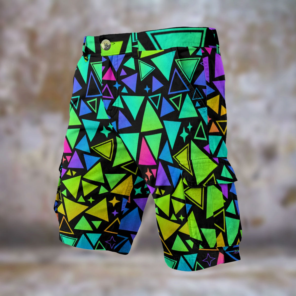 Triangle Tantrum Men’s Cargo Shorts | Neon Geometric Festival Shorts | EDM Rave Wear