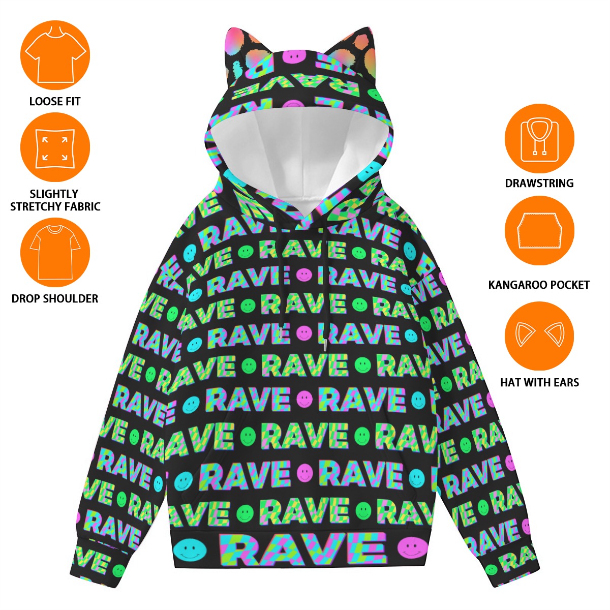 Purrty Favors & Poor Decisions Hoodie | Smiley Cat-Ear Club Hoodie | EDM Festival Wear