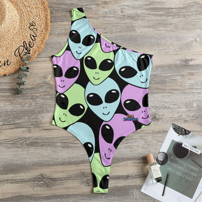 Area 51 Plus-One Women’s One-Shoulder Bodysuit | Pastel Alien Rave Outfit | EDM Festival Wear