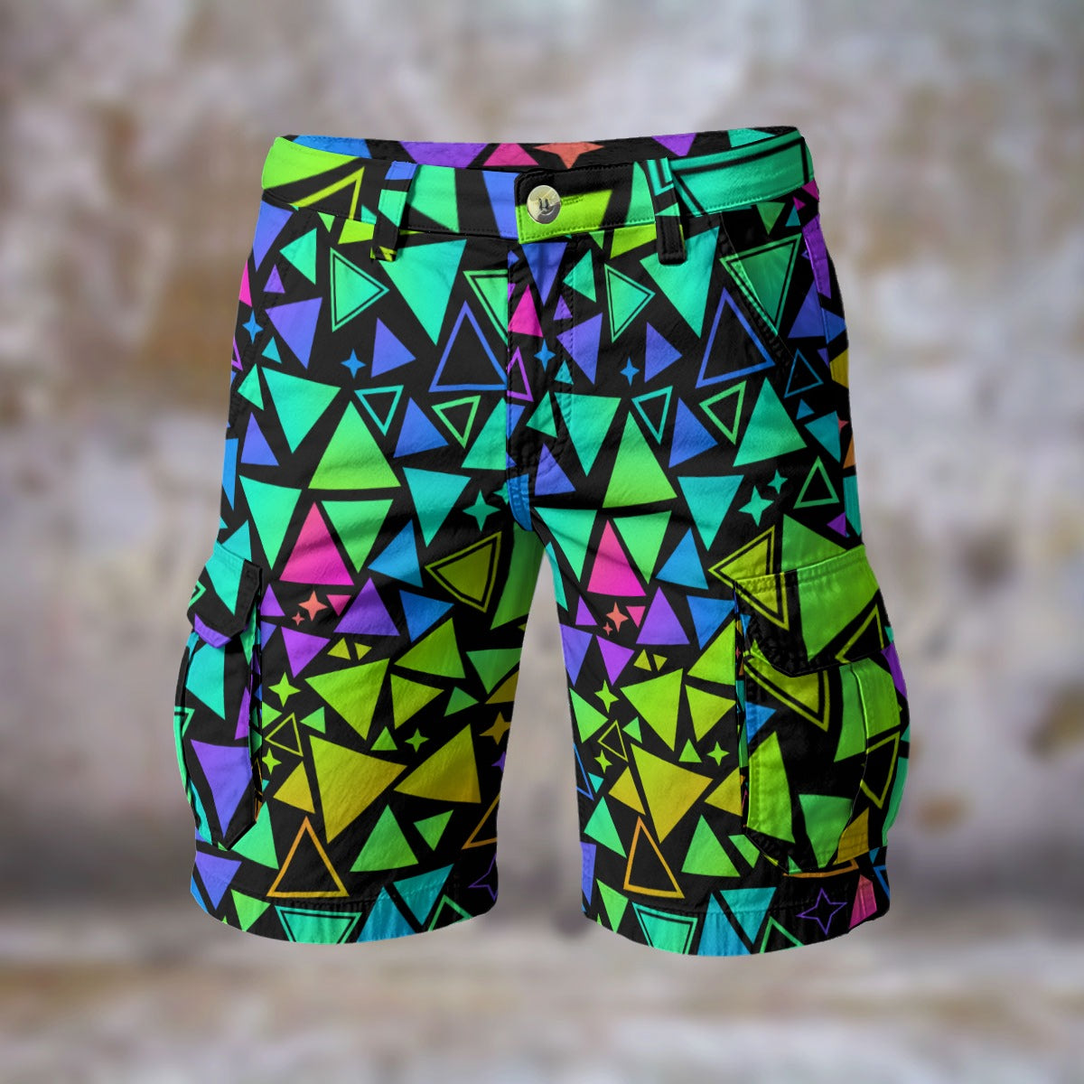 Triangle Tantrum Men’s Cargo Shorts | Neon Geometric Festival Shorts | EDM Rave Wear