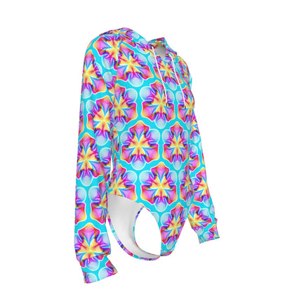 Petal Melt Frequency Hooded Bodysuit | Neon Tropical Flower Rave Jumpsuit | EDM Festival Wear