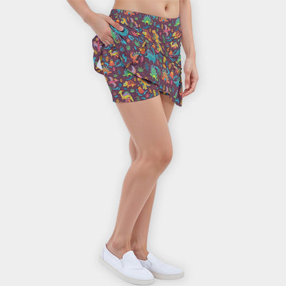 Jurassic Wookout Women’s Skort | Colorful Dinosaur Rave Skort | EDM Festival Wear