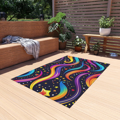 Colorful Shooting Stars Rainbow Wave outdoor rug for EDM rave festivals