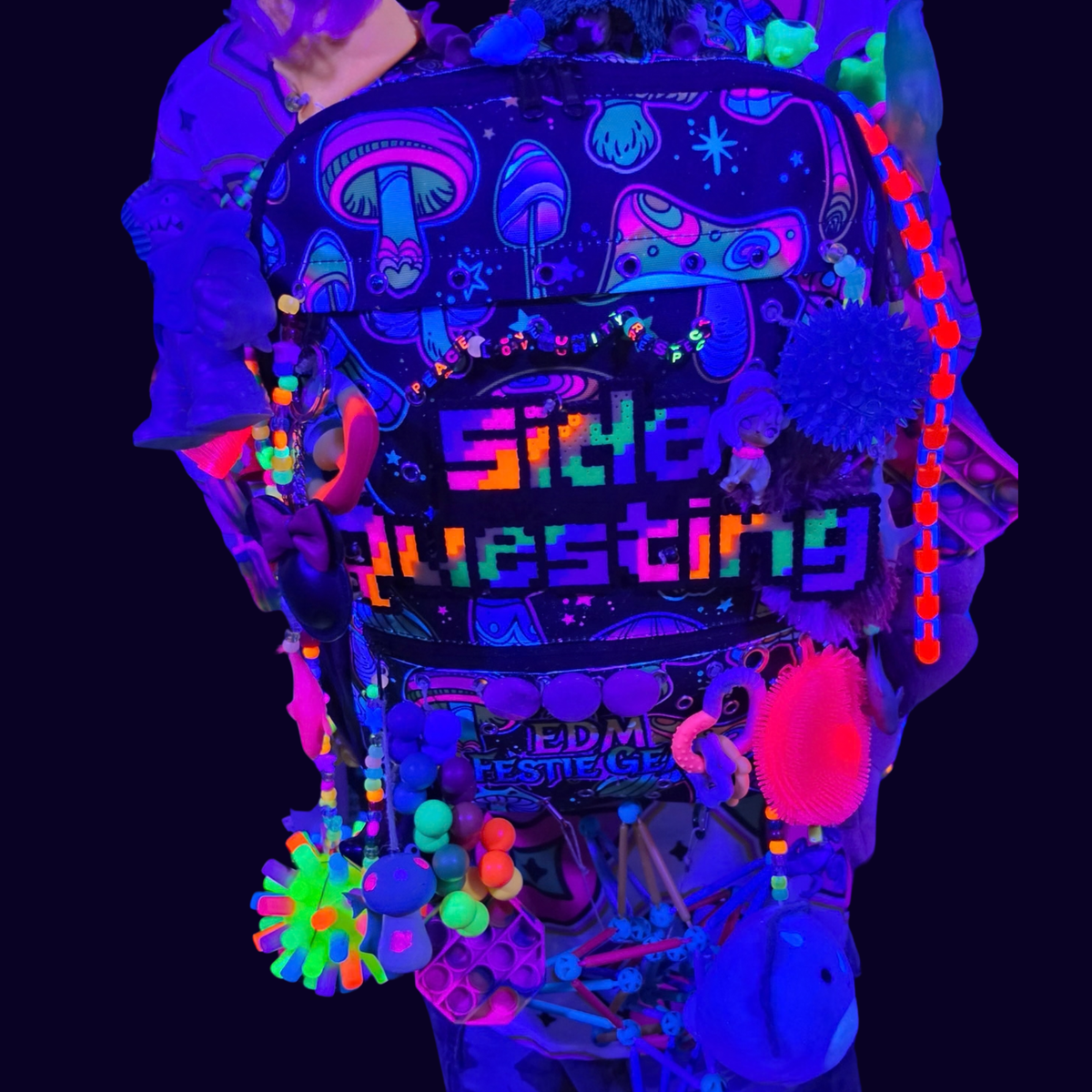 Side Questin’ Shroom Goblin Utility Backpack | One-of-a-Kind Sensory Rave Hydration Backpack | Custom EDM Festival Gear