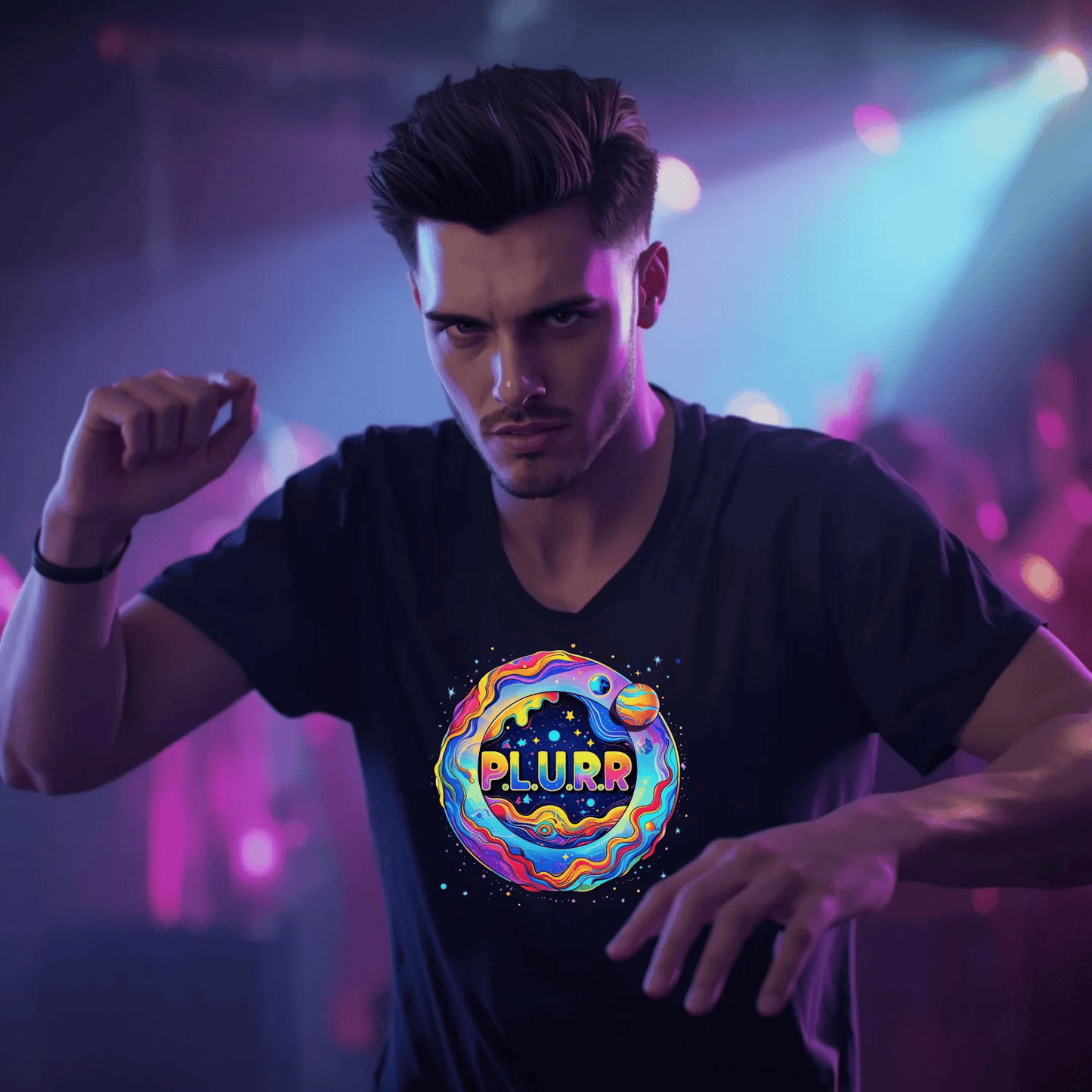 P.L.U.R.R Space Festival T-Shirt – Vibrant and Energetic Rave Apparel