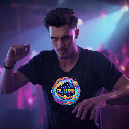 P.L.U.R.R Space Festival T-Shirt – Vibrant and Energetic Rave Apparel