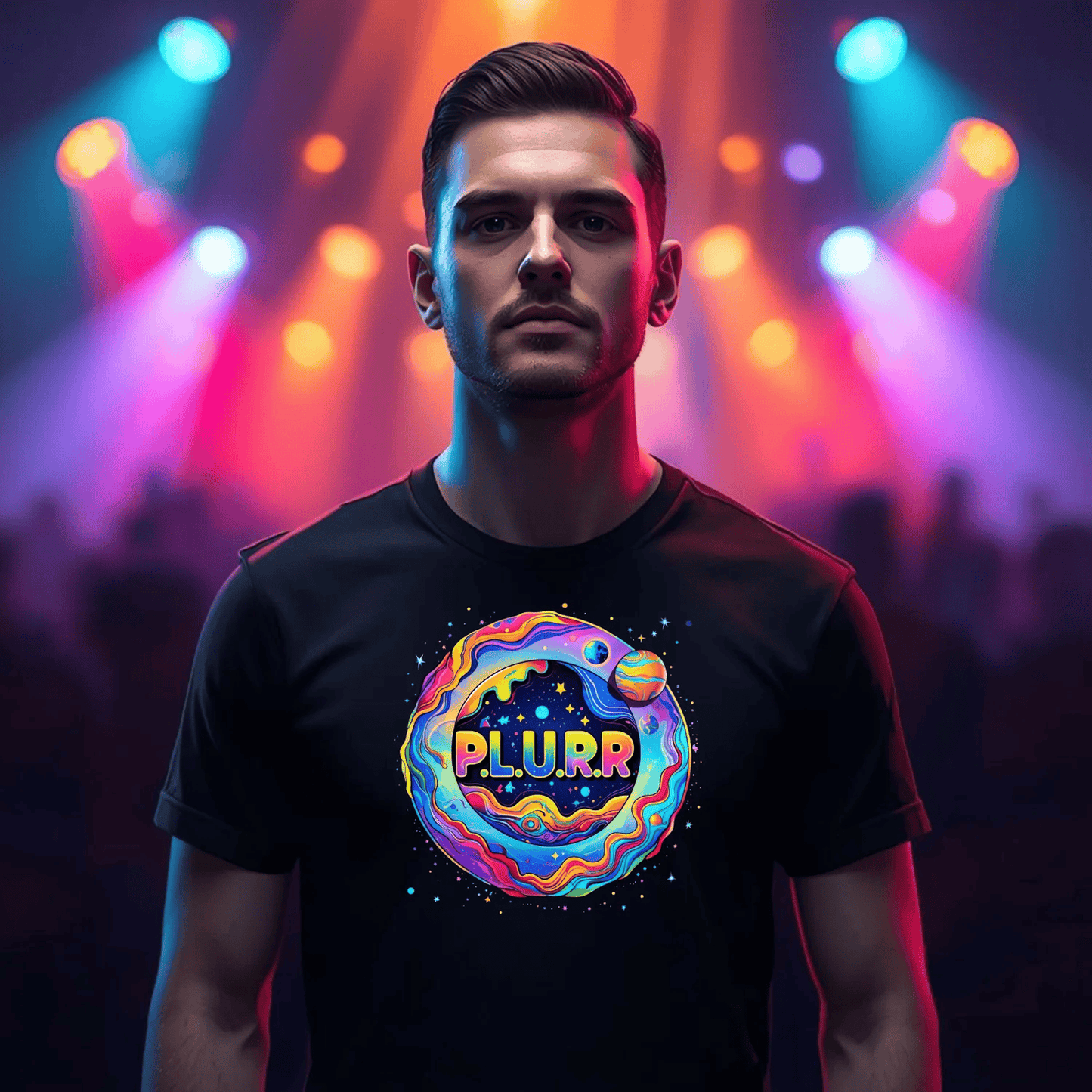 P.L.U.R.R Space Festival T-Shirt – Vibrant and Energetic Rave Apparel