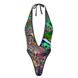 Sexy Swimsuit Women's Extreme One-Piece Mesh Revealing Swimwear Deep V Cleavage Thong Bottom Booty Quick Dry Tie-On Bathing Suit