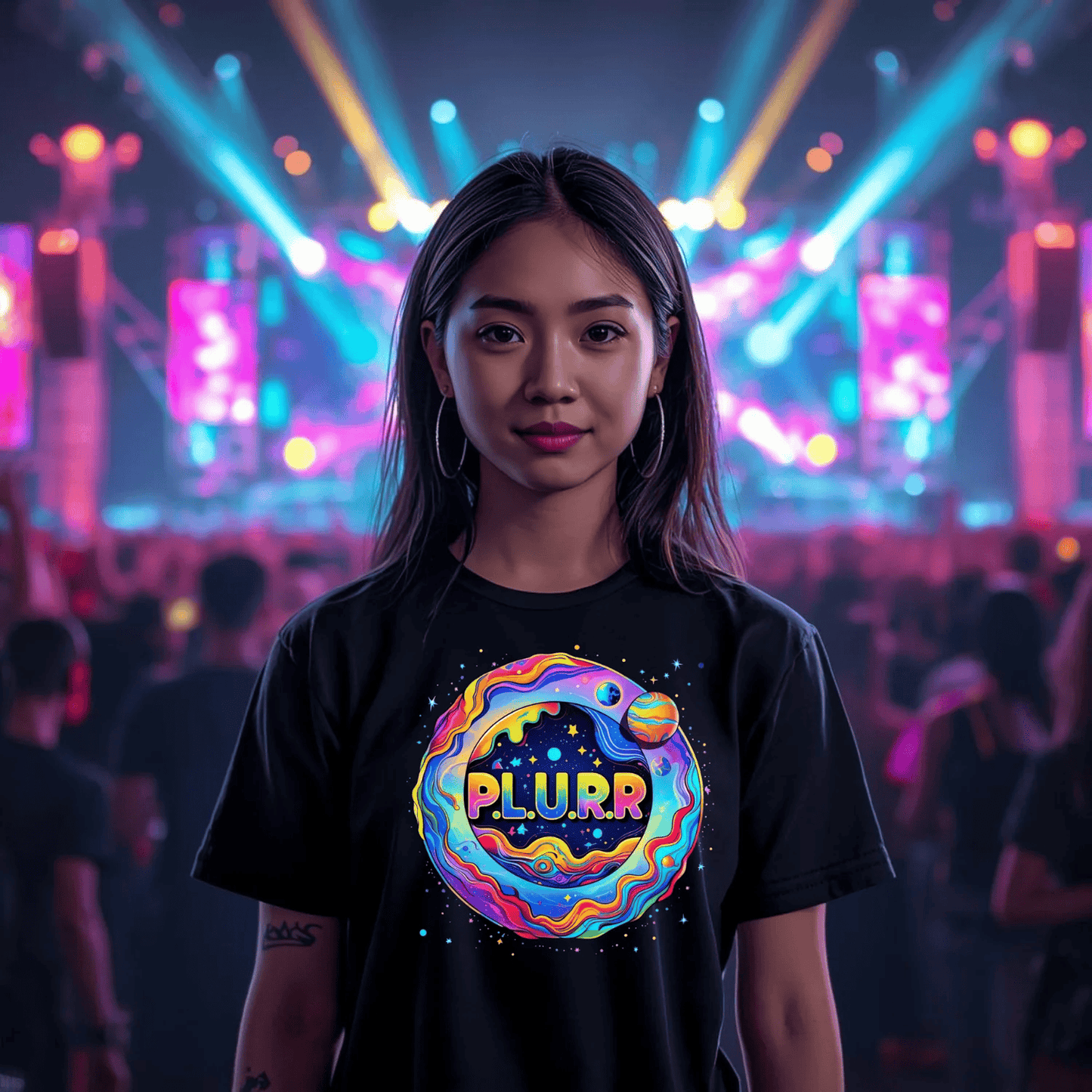 P.L.U.R.R Space Festival T-Shirt – Vibrant and Energetic Rave Apparel