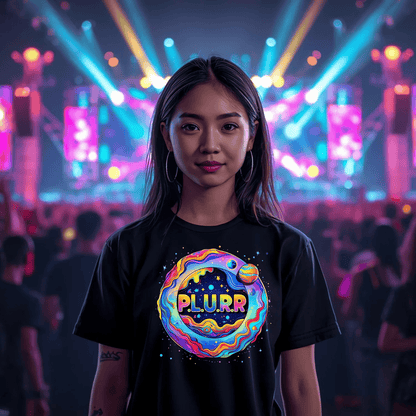 P.L.U.R.R Space Festival T-Shirt – Vibrant and Energetic Rave Apparel