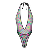 Sexy Swimsuit Women's Extreme One-Piece Mesh Revealing Swimwear Deep V Cleavage Thong Bottom Booty Quick Dry Tie-On Bathing Suit