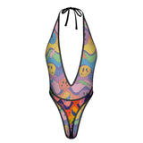 Sexy Swimsuit Women's Extreme One-Piece Mesh Revealing Swimwear Deep V Cleavage Thong Bottom Booty Quick Dry Tie-On Bathing Suit