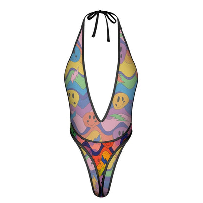 Sexy Swimsuit Women's Extreme One-Piece Mesh Revealing Swimwear Deep V Cleavage Thong Bottom Booty Quick Dry Tie-On Bathing Suit