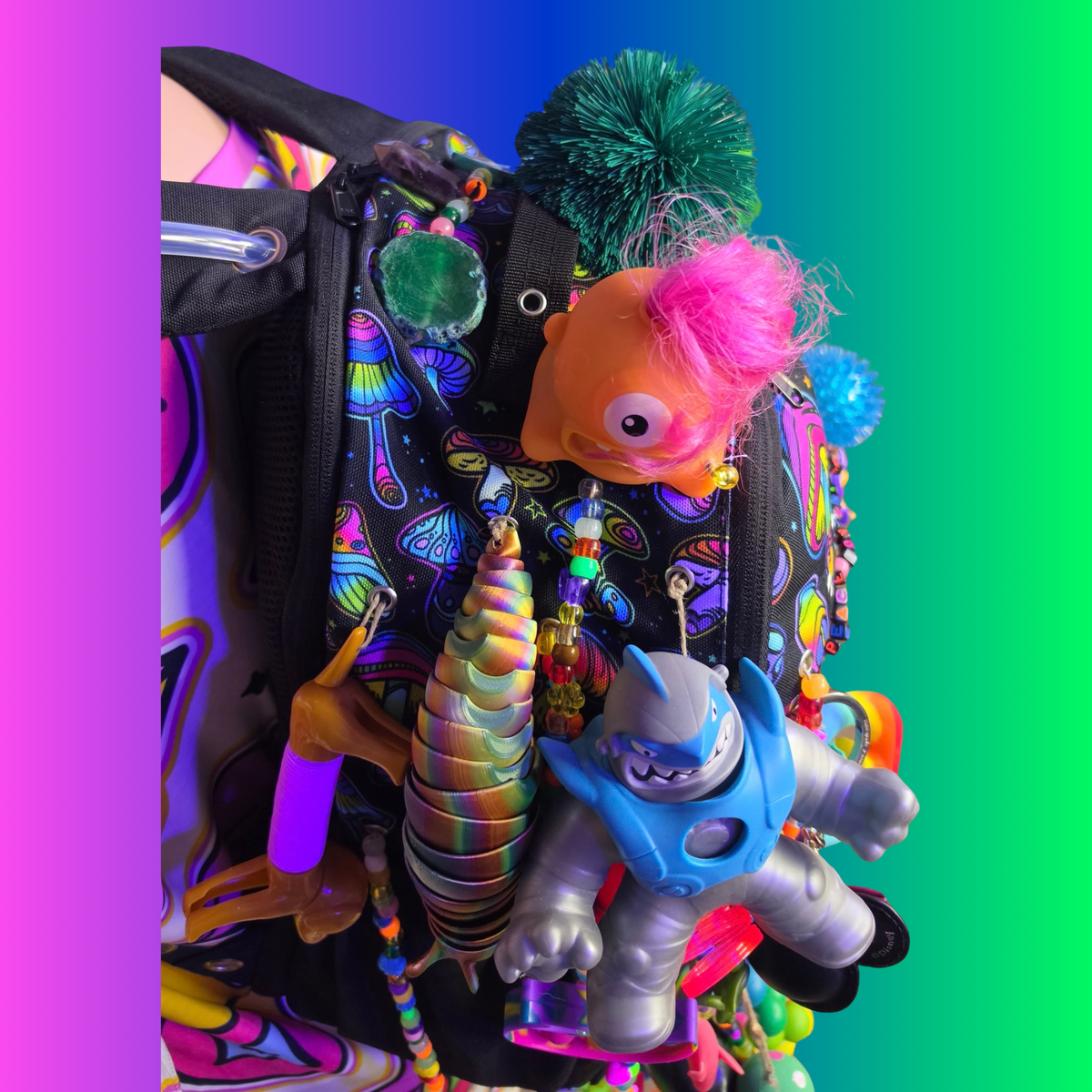Side Questin’ Shroom Goblin Utility Backpack | One-of-a-Kind Sensory Rave Hydration Backpack | Custom EDM Festival Gear