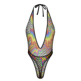 Sexy Swimsuit Women's Extreme One-Piece Mesh Revealing Swimwear Deep V Cleavage Thong Bottom Booty Quick Dry Tie-On Bathing Suit