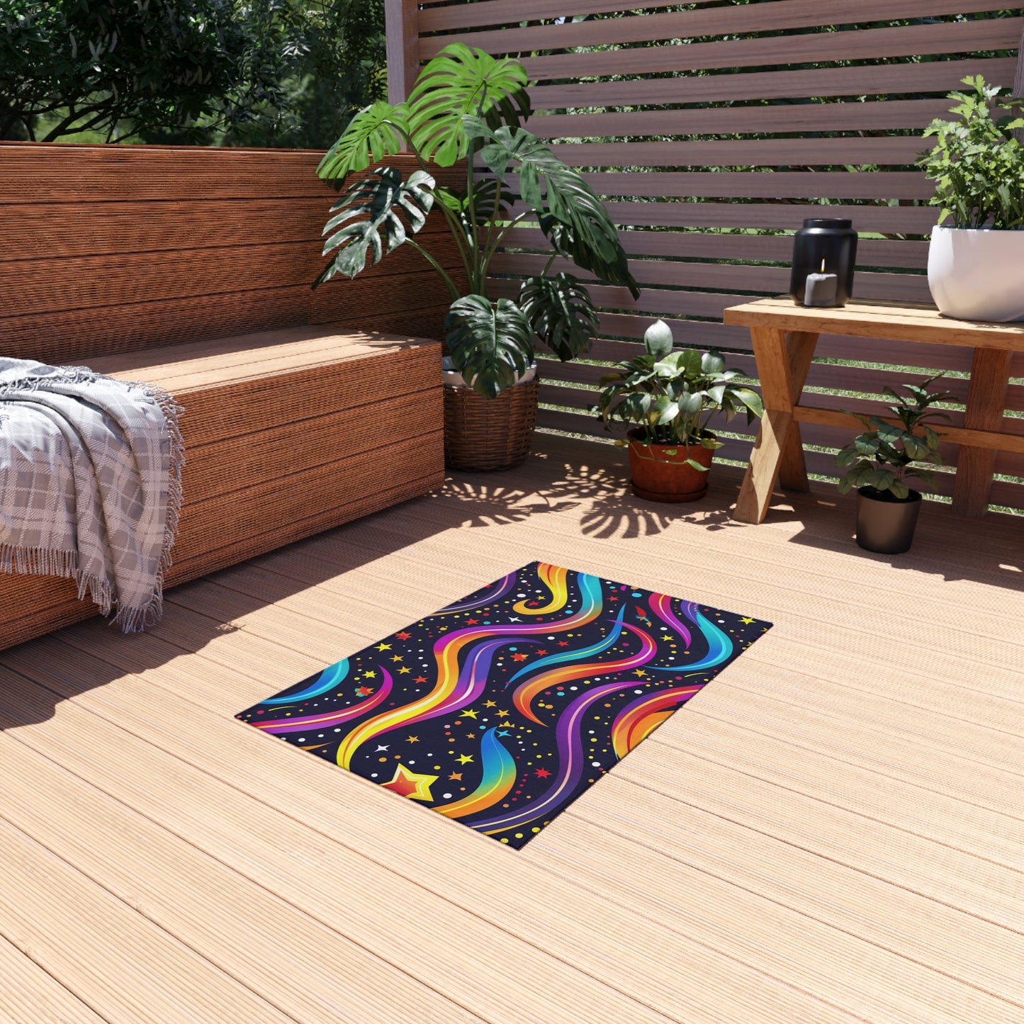 Colorful Shooting Stars Rainbow Wave outdoor rug for EDM rave festivals