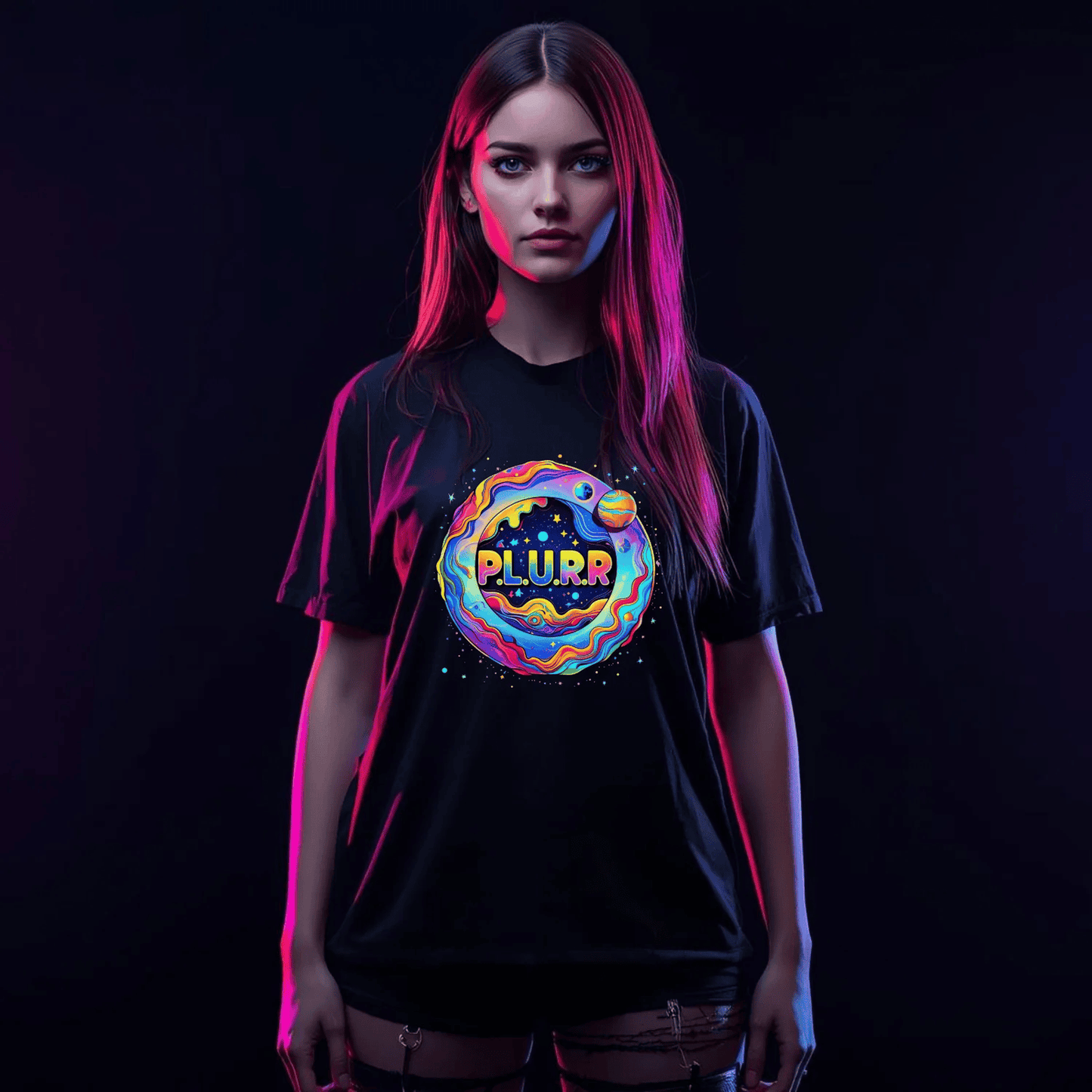 P.L.U.R.R Space Festival T-Shirt – Vibrant and Energetic Rave Apparel