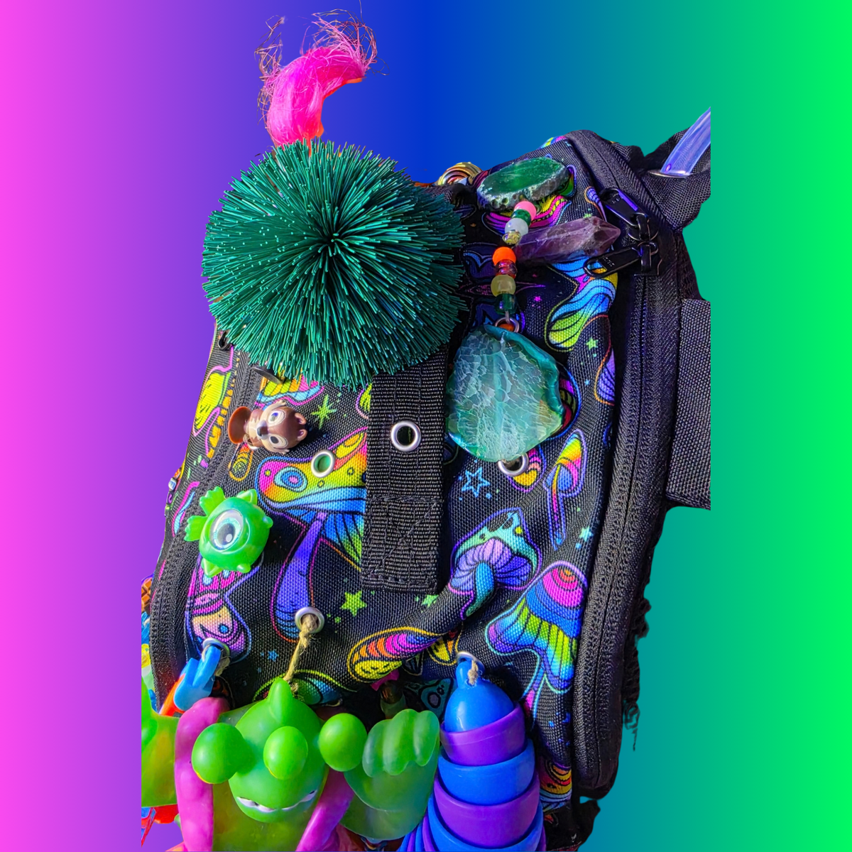 Side Questin’ Shroom Goblin Utility Backpack | One-of-a-Kind Sensory Rave Hydration Backpack | Custom EDM Festival Gear